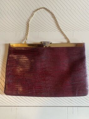 Etra leather Vintage Burgundy Lizard-Embossed Evening Clutch Gold Chain worn in